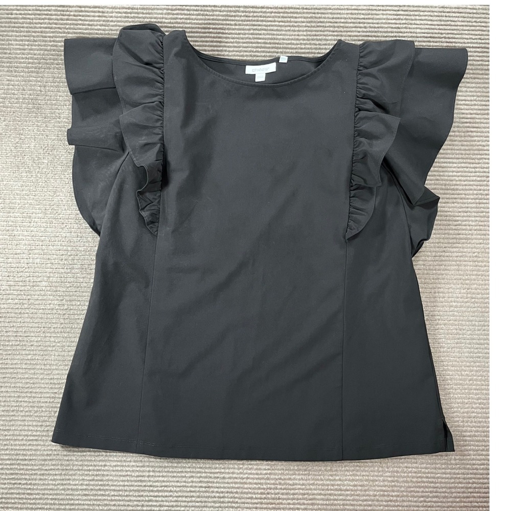 Chicos Black Ruffle Flutter Sleeve Blouse Top Boat Neck Stretch Size 10